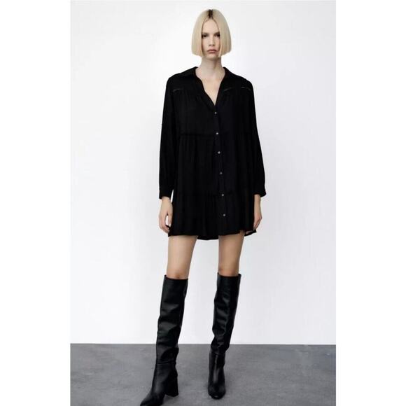 zara solid black long sleeve V Neck baby doll mini dress xsmall 1971/191/800 - Picture 1 of 7